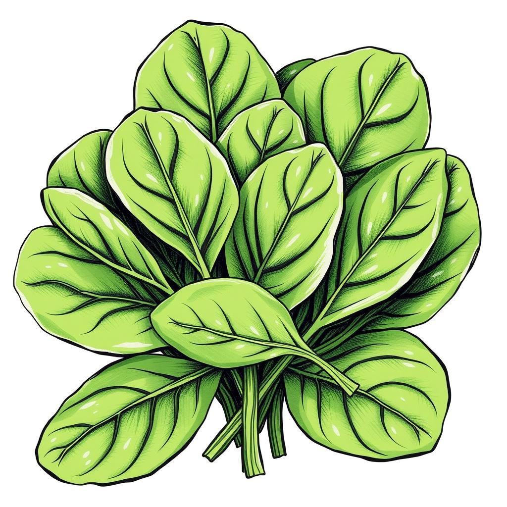 A detailed and artistic sketch of fresh spinach leaves, showcasing their vibrant green color and distinct texture