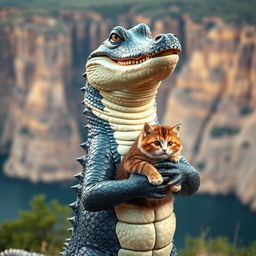 A beautiful human-shaped crocodile with a pretty Korean face, facing the camera and laughing joyfully, standing while holding a cat