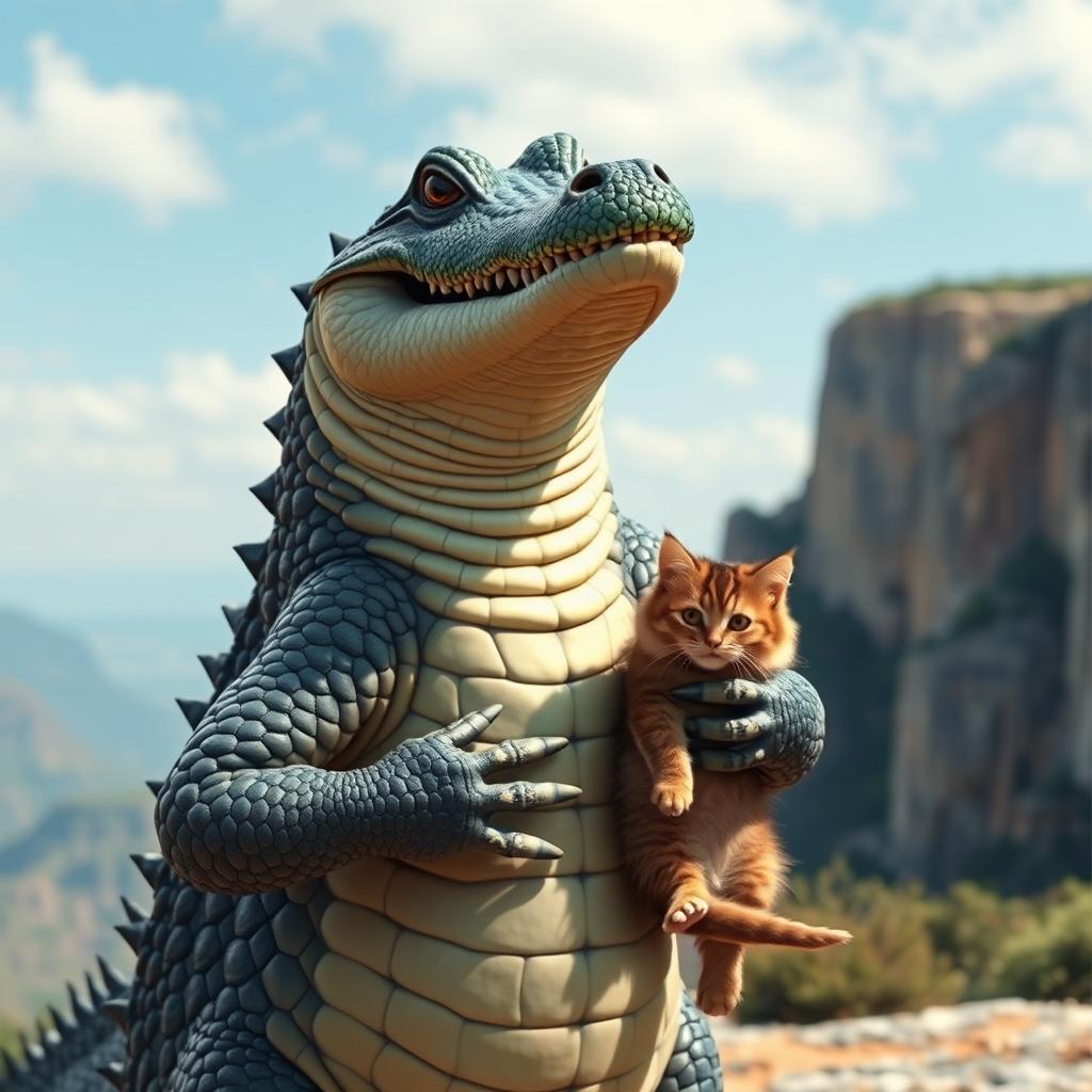 A beautiful human-shaped crocodile with a pretty Korean face, facing the camera and laughing joyfully, standing while holding a cat