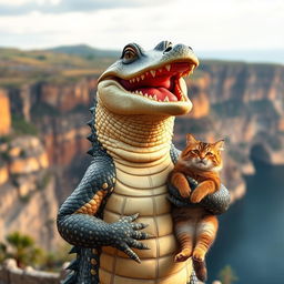 A beautiful human-shaped crocodile with a pretty Korean face, facing the camera and laughing joyfully, standing while holding a cat