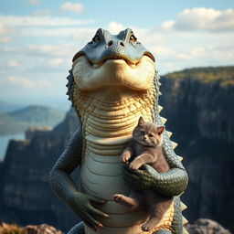 A beautiful human-shaped crocodile with a pretty Korean face, facing the camera and laughing joyfully, standing while holding a cat