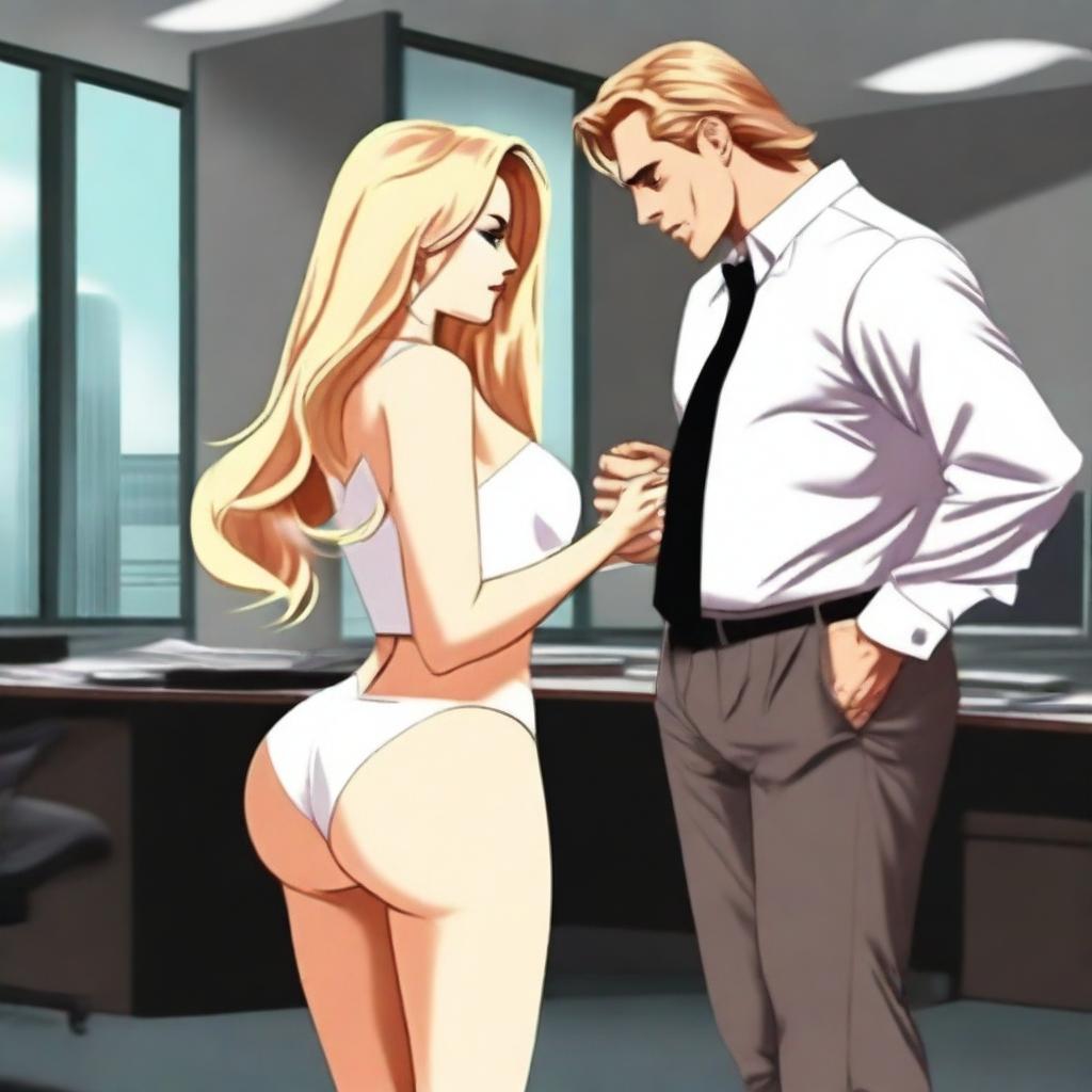 A digital art image showcasing a curvaceous blonde woman with long, golden hair