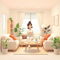 A 2D illustration of a cozy and tidy living room belonging to a gentle woman, designed in a 1:1 aspect ratio and inspired by the playful style of the game IncrediBox