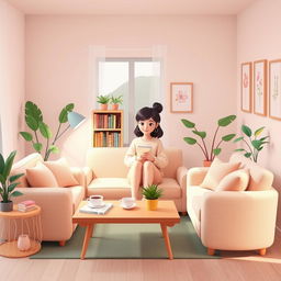 A 2D illustration of a cozy and tidy living room belonging to a gentle woman, designed in a 1:1 aspect ratio and inspired by the playful style of the game IncrediBox