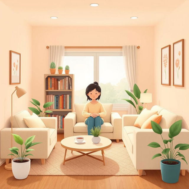 A 2D illustration of a cozy and tidy living room belonging to a gentle woman, designed in a 1:1 aspect ratio and inspired by the playful style of the game IncrediBox