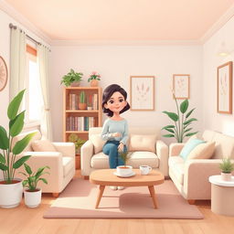 A 2D illustration of a cozy and tidy living room belonging to a gentle woman, designed in a 1:1 aspect ratio and inspired by the playful style of the game IncrediBox