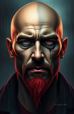 A striking portrait of a man with a split face, one half embodying good and the other half representing evil