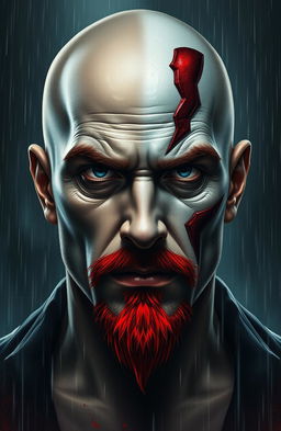 A striking portrait of a man with a split face, one half embodying good and the other half representing evil