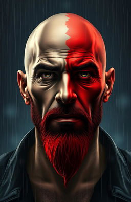 A striking portrait of a man with a split face, one half embodying good and the other half representing evil