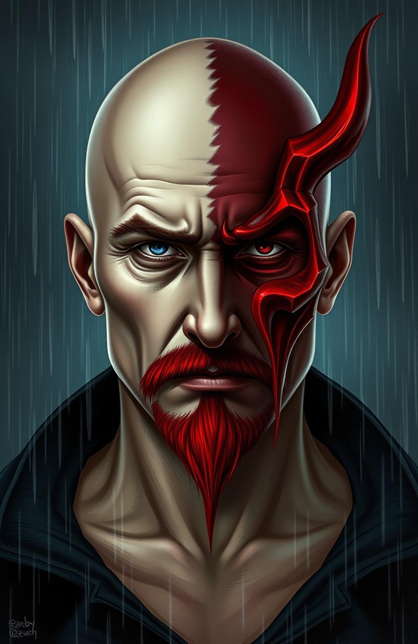 A striking portrait of a man with a split face, one half embodying good and the other half representing evil