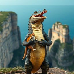 A beautiful humanoid figure resembling a crocodile, standing upright and facing the camera with a joyful, carefree laugh
