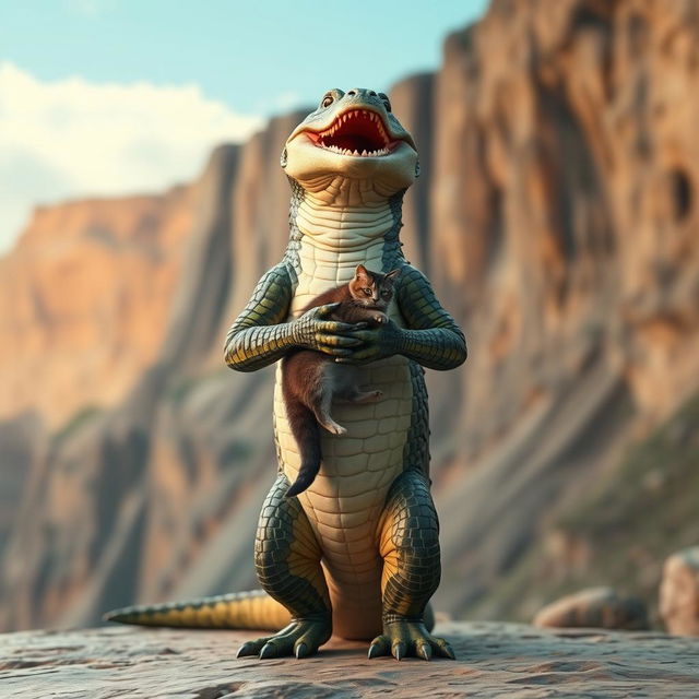 A beautiful humanoid figure resembling a crocodile, standing upright and facing the camera with a joyful, carefree laugh