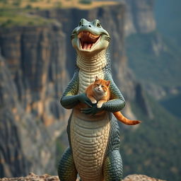 A beautiful humanoid figure resembling a crocodile, standing upright and facing the camera with a joyful, carefree laugh