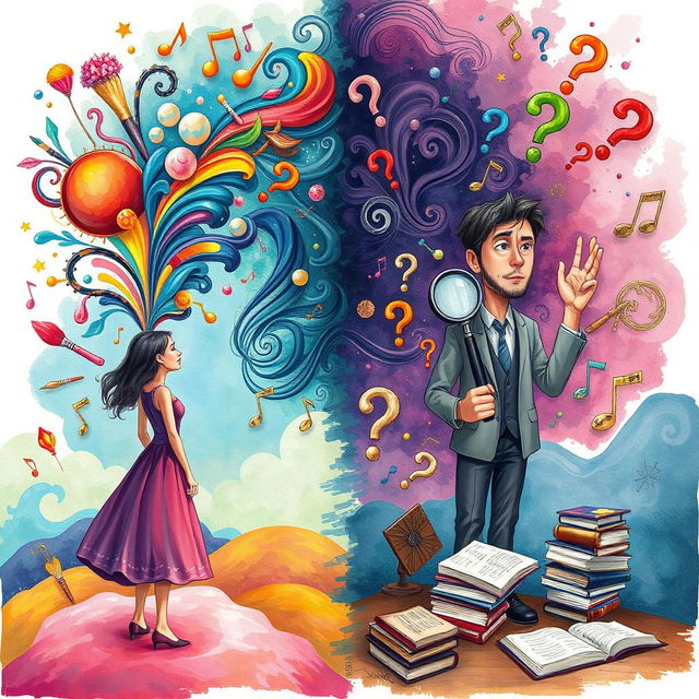 An evocative illustration depicting a woman whose vibrant imagination is represented by colorful, swirling elements like paintbrushes, dreamlike landscapes, and musical notes