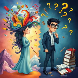 An evocative illustration depicting a woman whose vibrant imagination is represented by colorful, swirling elements like paintbrushes, dreamlike landscapes, and musical notes