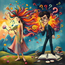 An evocative illustration depicting a woman whose vibrant imagination is represented by colorful, swirling elements like paintbrushes, dreamlike landscapes, and musical notes