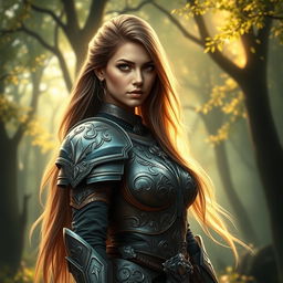 A stunning and captivating portrait of a female warrior, showcasing her in intricate armor that blends fantasy and realism