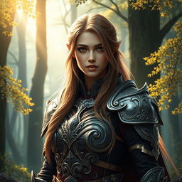 A stunning and captivating portrait of a female warrior, showcasing her in intricate armor that blends fantasy and realism
