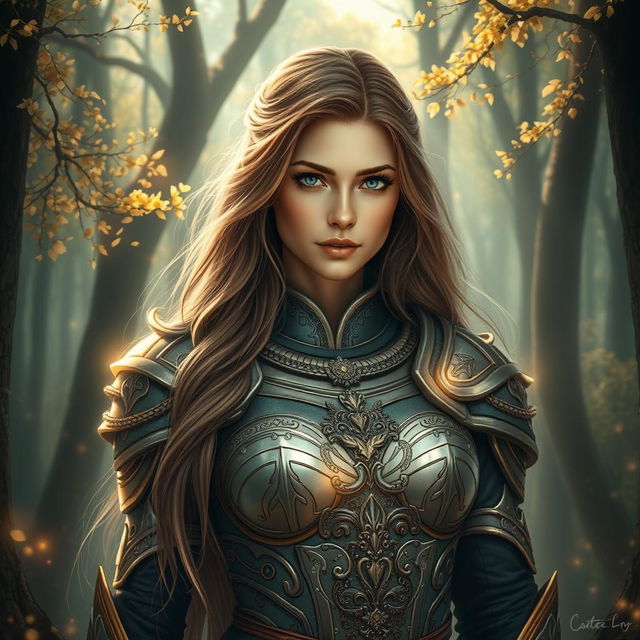 A stunning and captivating portrait of a female warrior, showcasing her in intricate armor that blends fantasy and realism