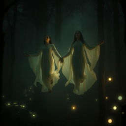Two figures in a deep trance, floating in the shadows of a mystical forest, surrounded by ethereal light and glowing orbs