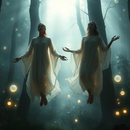 Two figures in a deep trance, floating in the shadows of a mystical forest, surrounded by ethereal light and glowing orbs