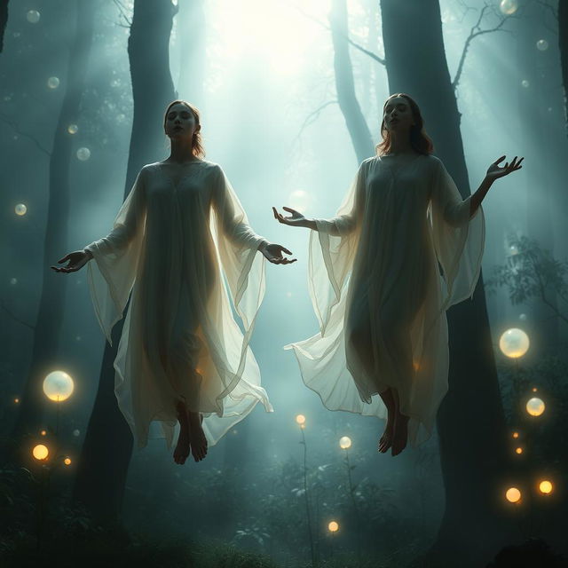Two figures in a deep trance, floating in the shadows of a mystical forest, surrounded by ethereal light and glowing orbs