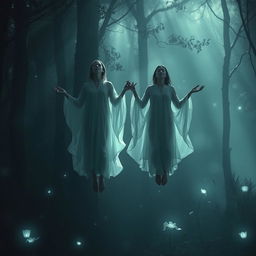 Two figures in a deep trance, floating in the shadows of a mystical forest, surrounded by ethereal light and glowing orbs