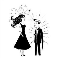 A simple black and white illustration of a woman representing imagination, with swirling, abstract shapes and lines symbolizing creativity flowing around her