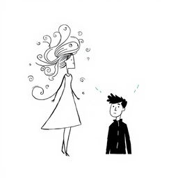 A simple black and white illustration of a woman representing imagination, with swirling, abstract shapes and lines symbolizing creativity flowing around her
