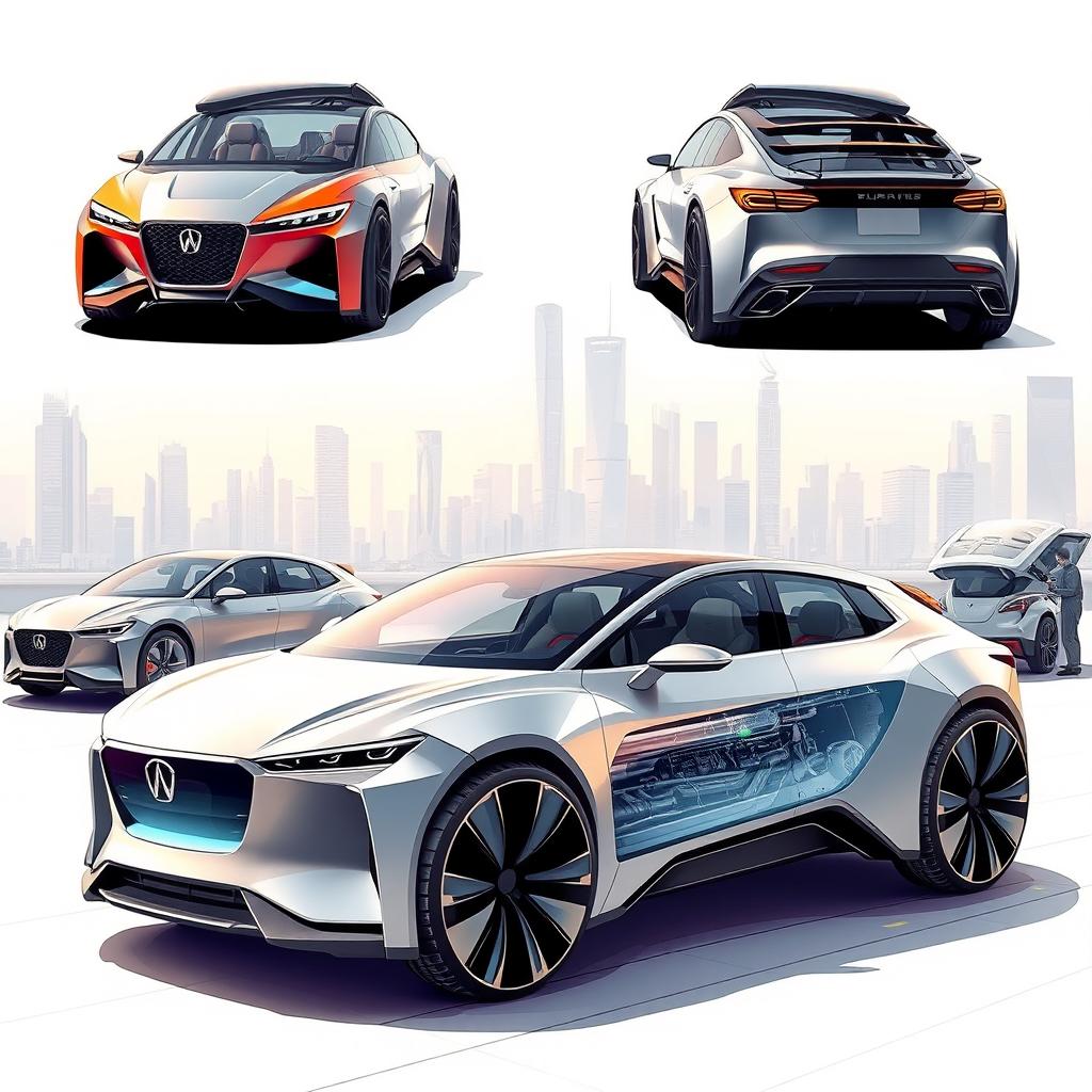 A futuristic concept of cars in a detailed illustration showcasing the interior and exterior designs, displaying advanced technology and innovative features