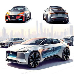 A futuristic concept of cars in a detailed illustration showcasing the interior and exterior designs, displaying advanced technology and innovative features