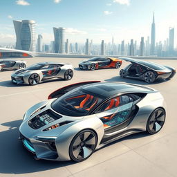 A futuristic concept of cars in a detailed illustration showcasing the interior and exterior designs, displaying advanced technology and innovative features
