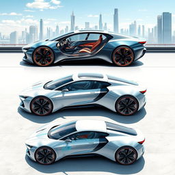 A futuristic concept of cars in a detailed illustration showcasing the interior and exterior designs, displaying advanced technology and innovative features