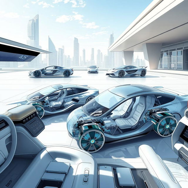 A futuristic concept of cars in a detailed illustration showcasing the interior and exterior designs, displaying advanced technology and innovative features