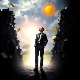 A dramatic, inspirational image of a person standing at the edge of a crumbling, dark wall made of bills, debt statements, and financial struggles, symbolizing financial limitations