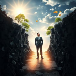 A dramatic, inspirational image of a person standing at the edge of a crumbling, dark wall made of bills, debt statements, and financial struggles, symbolizing financial limitations