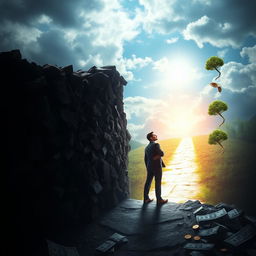 A dramatic, inspirational image of a person standing at the edge of a crumbling, dark wall made of bills, debt statements, and financial struggles, symbolizing financial limitations