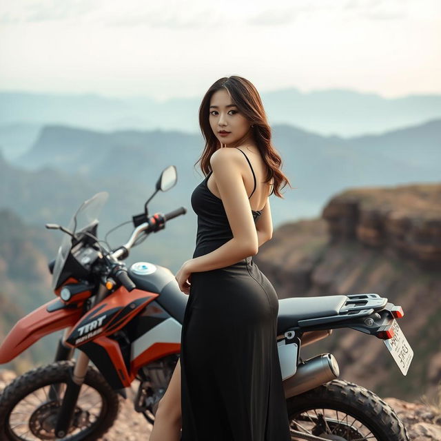 A beautiful Korean woman posing gracefully and attractively, standing sideways in a full body shot next to a trail motorcycle on a cliff, glancing towards the camera with an alluring expression