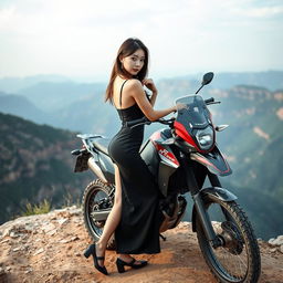 A beautiful Korean woman posing gracefully and attractively, standing sideways in a full body shot next to a trail motorcycle on a cliff, glancing towards the camera with an alluring expression