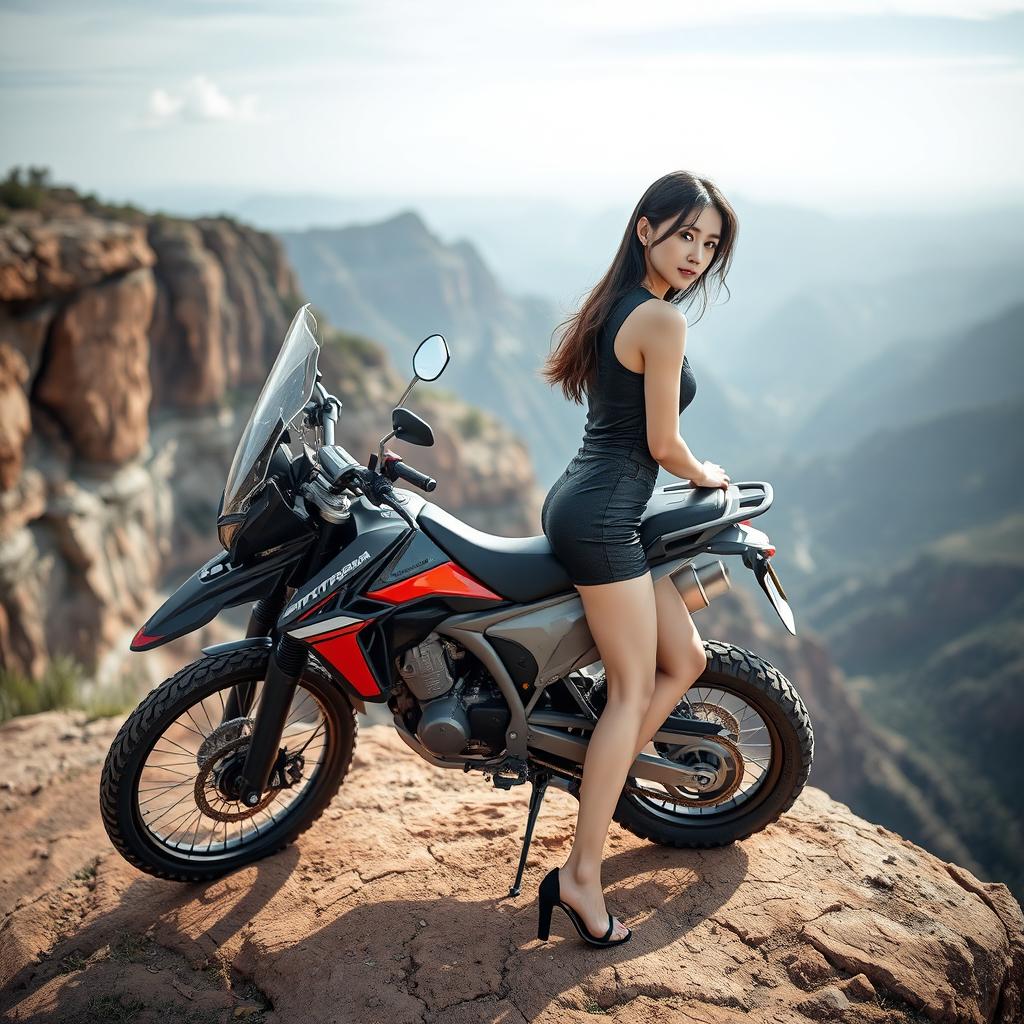 A beautiful Korean woman posing gracefully and attractively, standing sideways in a full body shot next to a trail motorcycle on a cliff, glancing towards the camera with an alluring expression