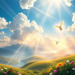 A breathtaking depiction of heaven, featuring a vibrant sky filled with fluffy white clouds, radiant beams of golden sunlight streaming down, and a stunning landscape of rolling hills