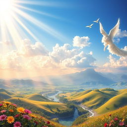 A breathtaking depiction of heaven, featuring a vibrant sky filled with fluffy white clouds, radiant beams of golden sunlight streaming down, and a stunning landscape of rolling hills