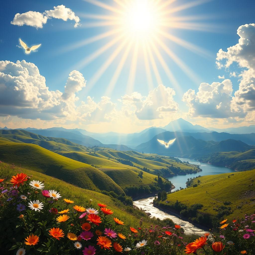 A breathtaking depiction of heaven, featuring a vibrant sky filled with fluffy white clouds, radiant beams of golden sunlight streaming down, and a stunning landscape of rolling hills