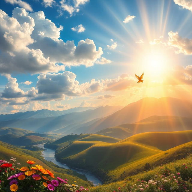 A breathtaking depiction of heaven, featuring a vibrant sky filled with fluffy white clouds, radiant beams of golden sunlight streaming down, and a stunning landscape of rolling hills