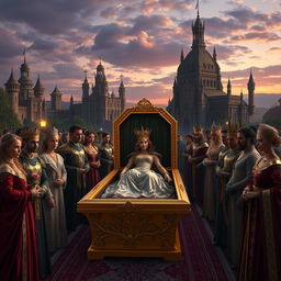 A grand royal funeral scene set in the year 4000, featuring Princess Death inside a luxurious gold coffin