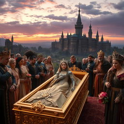 A grand royal funeral scene set in the year 4000, featuring Princess Death inside a luxurious gold coffin