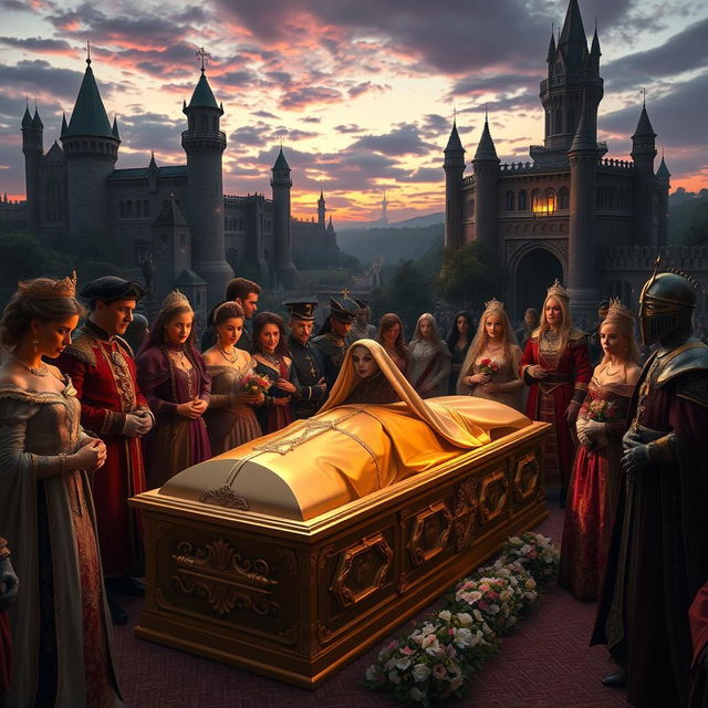 A grand royal funeral scene set in the year 4000, featuring Princess Death inside a luxurious gold coffin