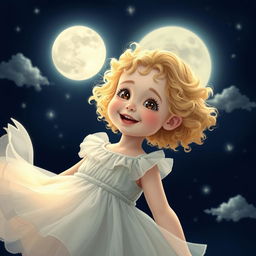 A magical scene showcasing a 5-year-old girl with hazel eyes and blonde curly hair, joyfully playing under a glowing full moon
