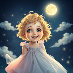 A magical scene showcasing a 5-year-old girl with hazel eyes and blonde curly hair, joyfully playing under a glowing full moon