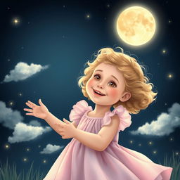 A magical scene showcasing a 5-year-old girl with hazel eyes and blonde curly hair, joyfully playing under a glowing full moon